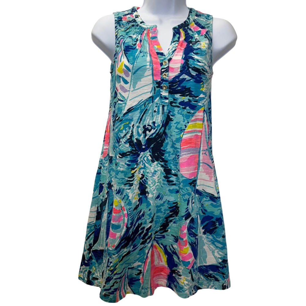 Lilly Pulitzer XXS Sleeveless Dress Sailboat‎ Print Gold Buttons Resort